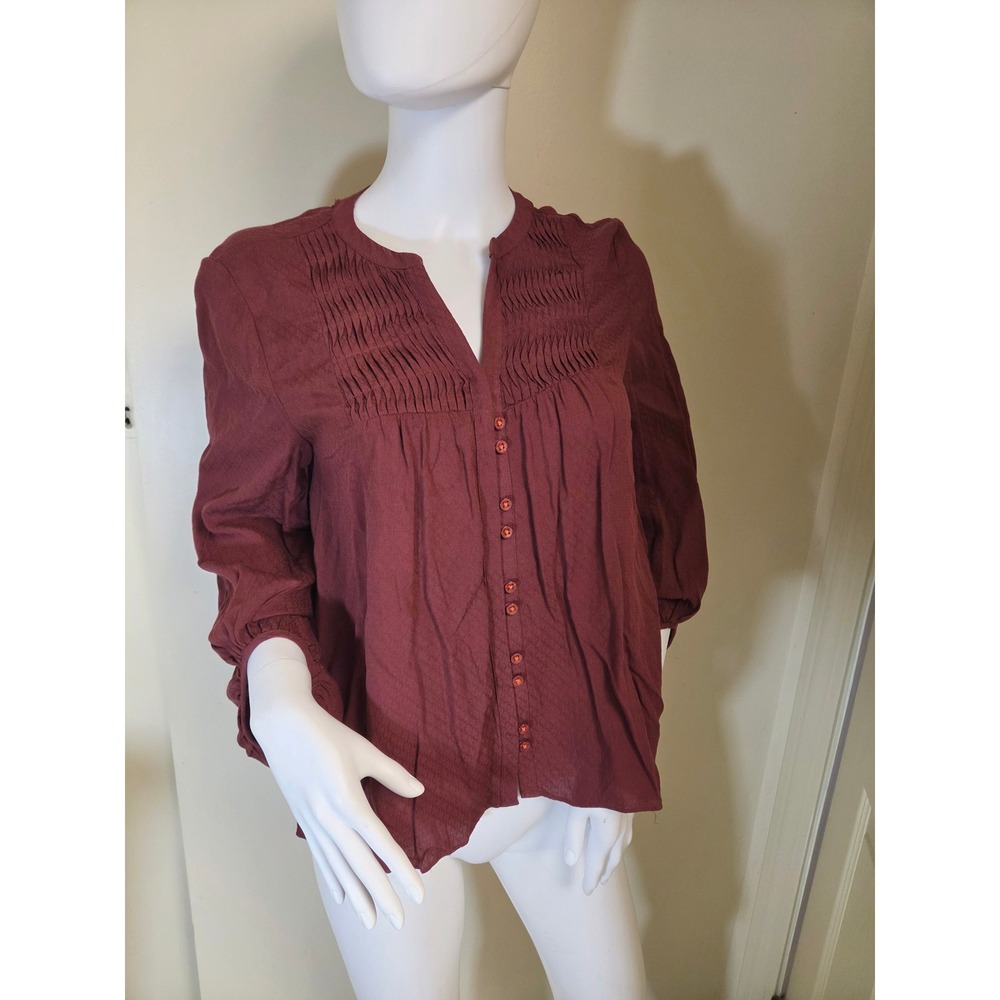 Maeve‎ Anthropologie Burgundy Pintuck Pleated Button Front Rayon Blouse Size 2